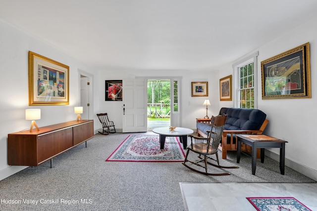 living room with light colored carpet