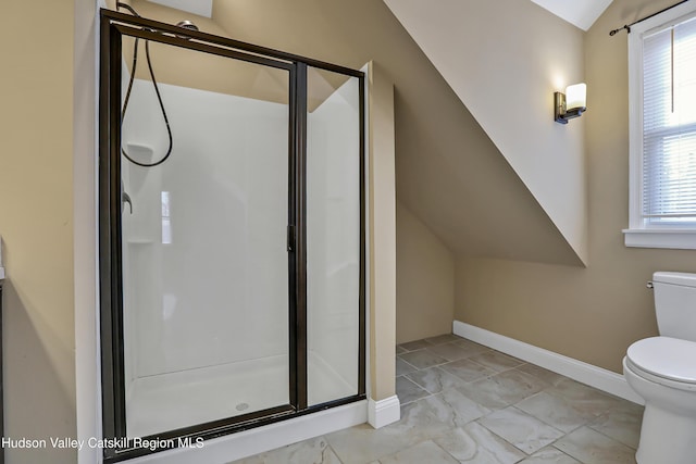 bathroom with a healthy amount of sunlight, toilet, an enclosed shower, and lofted ceiling