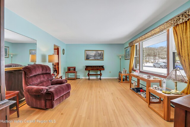 living room with light hardwood / wood-style floors and a baseboard radiator