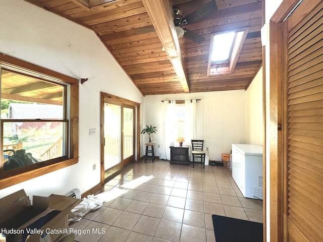 interior space featuring baseboard heating, ceiling fan, wooden ceiling, and vaulted ceiling with skylight