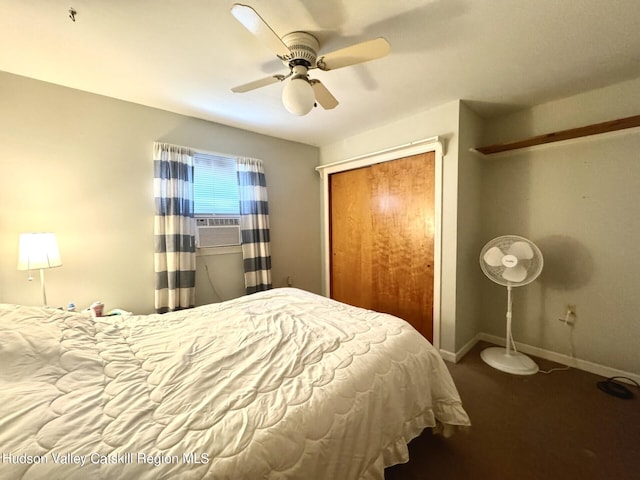 bedroom featuring carpet, a closet, and ceiling fan