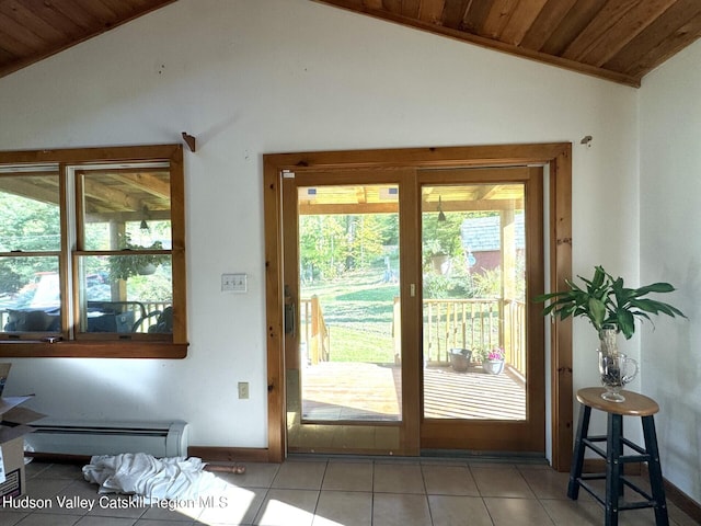 doorway to outside featuring plenty of natural light, light tile patterned floors, wooden ceiling, and lofted ceiling