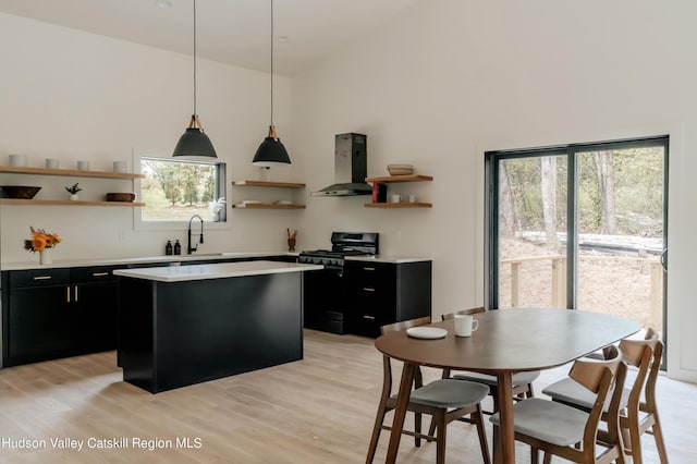 kitchen with black range with gas stovetop, plenty of natural light, light hardwood / wood-style flooring, and ventilation hood