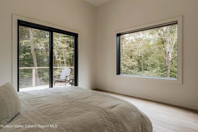 unfurnished bedroom featuring access to outside, light hardwood / wood-style floors, and multiple windows