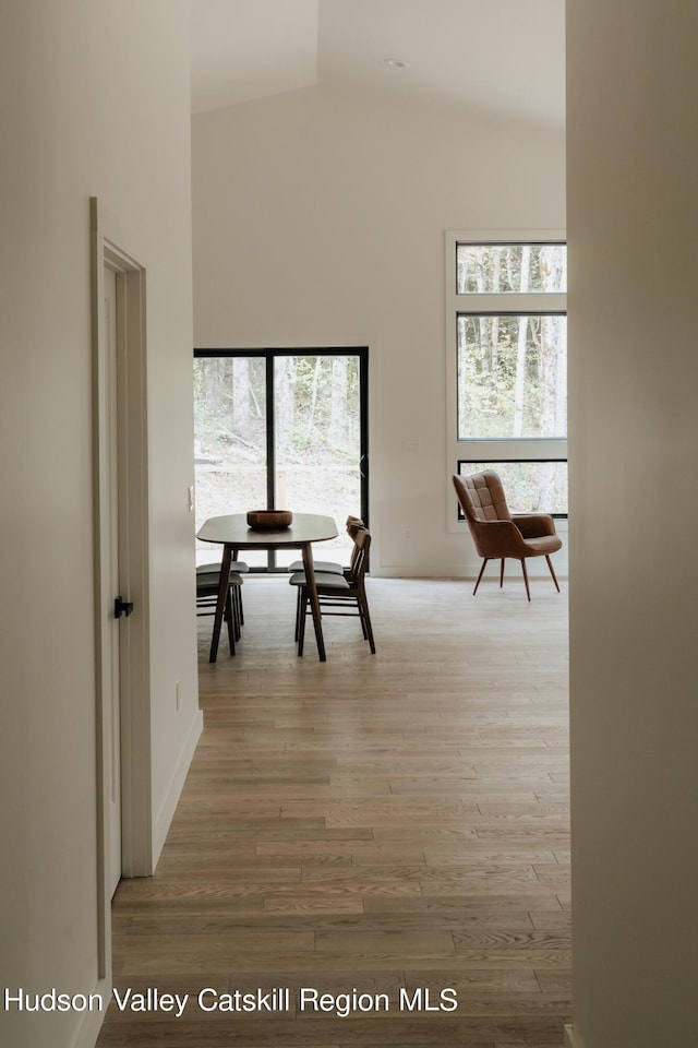 hallway with wood-type flooring and vaulted ceiling