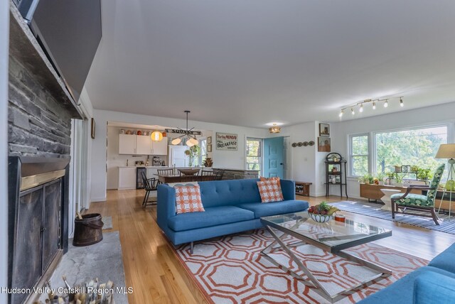 331 Joys Ln, Hurley, NY 12443 - living room with light wood-style floors and a fireplace