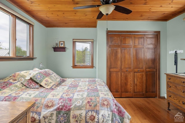 470 W Main St, Catskill, NY 12414 - bedroom with light wood-type flooring, wooden ceiling, a closet, and a ceiling fan