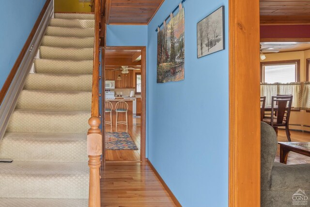 470 W Main St, Catskill, NY 12414 - stairway featuring wood finished floors, wooden ceiling, baseboards, and ceiling fan
