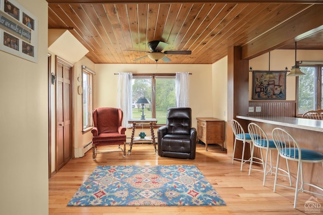 470 W Main St, Catskill, NY 12414 - sitting room with plenty of natural light, wooden ceiling, a ceiling fan, light wood finished floors, and baseboard heating