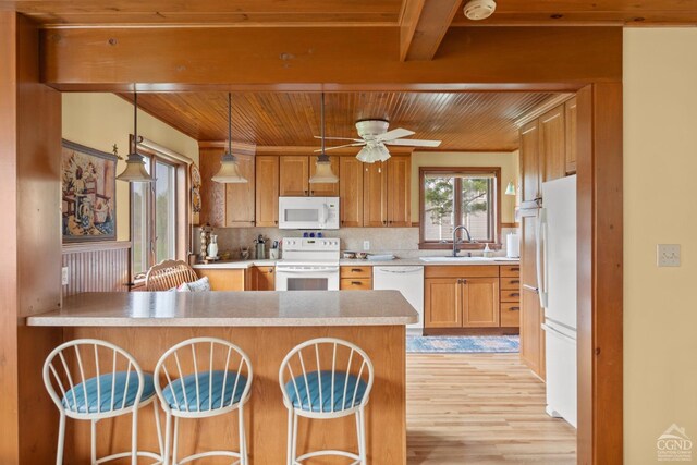 470 W Main St, Catskill, NY 12414 - kitchen featuring white appliances, wood ceiling, light wood finished floors, a peninsula, and a ceiling fan