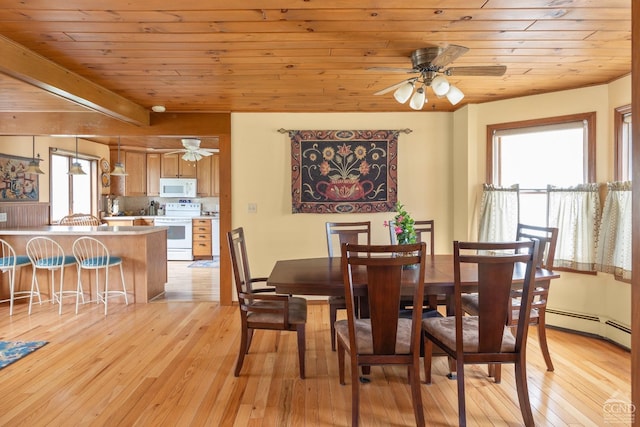 470 W Main St, Catskill, NY 12414 - dining space with ceiling fan, light wood-type flooring, wood ceiling, and a baseboard heating unit