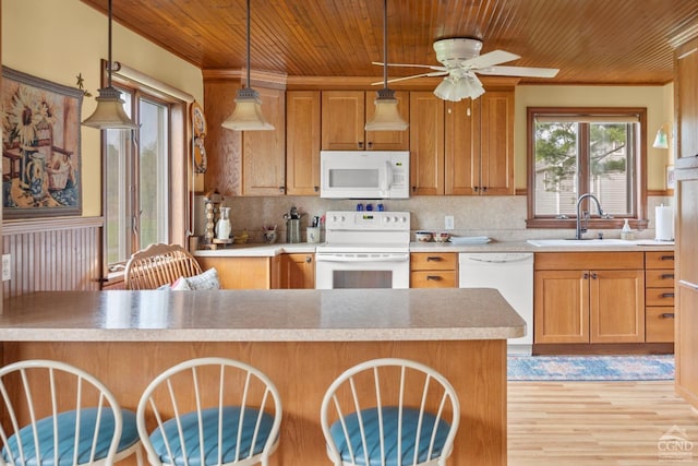 470 W Main St, Catskill, NY 12414 - kitchen with white appliances, wood ceiling, a sink, light wood-style flooring, and a ceiling fan