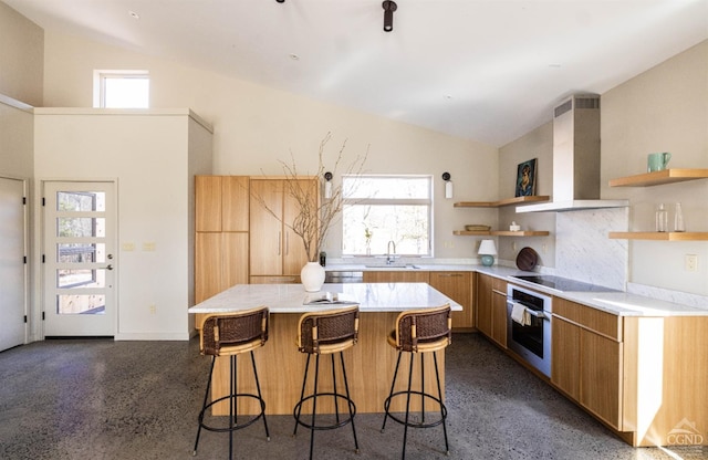 998 Willow Brook Rd, Milan, NY 12514 - kitchen featuring oven, wall chimney exhaust hood, open shelves, a kitchen breakfast bar, and light countertops