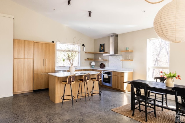 998 Willow Brook Rd, Milan, NY 12514 - kitchen featuring wall chimney exhaust hood, stainless steel oven, open shelves, light countertops, and a center island
