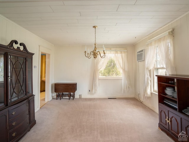 16 Oakwood Blvd, Hudson, NY 12534 - dining room featuring a chandelier, light colored carpet, a wall mounted AC, crown molding, and wooden walls