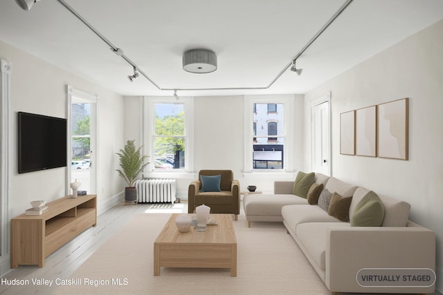 356 Warren St, Hudson, NY 12534 - living room with rail lighting, radiator heating unit, and light wood-style flooring