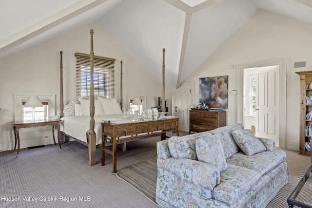 147 Moadock Rd, Millerton, NY 12546 - bedroom featuring light colored carpet and high vaulted ceiling