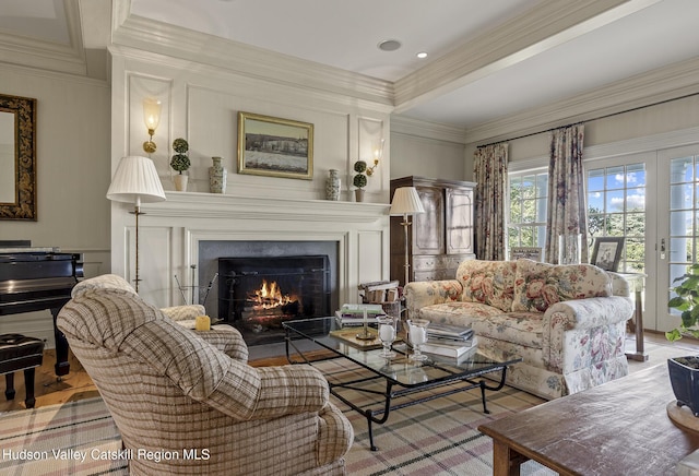 147 Moadock Rd, Millerton, NY 12546 - living area with a warm lit fireplace and ornamental molding