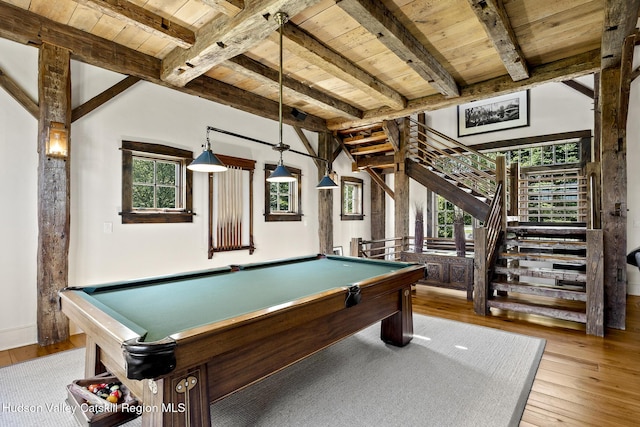 147 Moadock Rd, Millerton, NY 12546 - game room with a wooden ceiling with exposed beams, healthy amount of natural light, hardwood / wood-style flooring, and billiards table