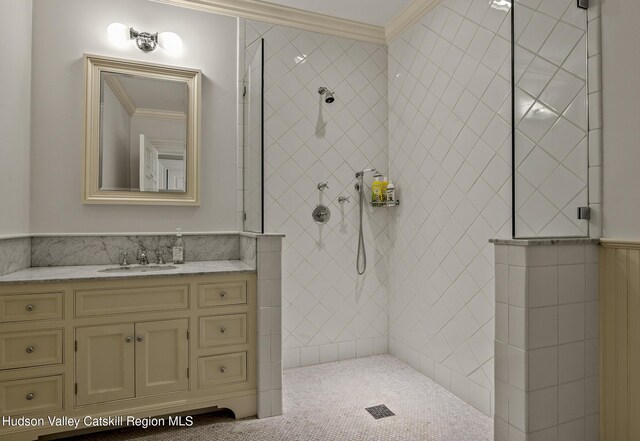 147 Moadock Rd, Millerton, NY 12546 - bathroom with crown molding, a tile shower, and vanity