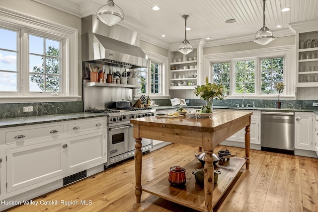 147 Moadock Rd, Millerton, NY 12546 - kitchen featuring stainless steel appliances, open shelves, crown molding, white cabinetry, and light wood-style flooring