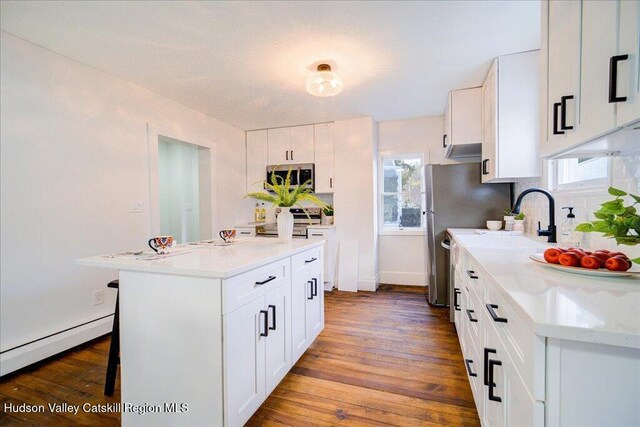kitchen featuring dark wood-style flooring, appliances with stainless steel finishes, light countertops, white cabinetry, and a baseboard radiator