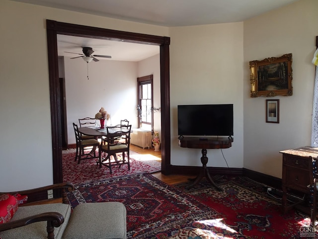 32-34 8th St, Hudson, NY 12534 - living area featuring ceiling fan, baseboards, wood finished floors, and radiator heating unit
