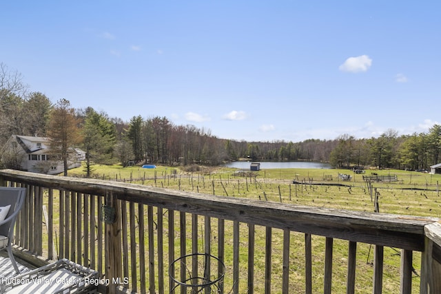60-62 Stony Rd, Accord, NY 12404 - wooden terrace with a wooded view, fence, a yard, and a water view