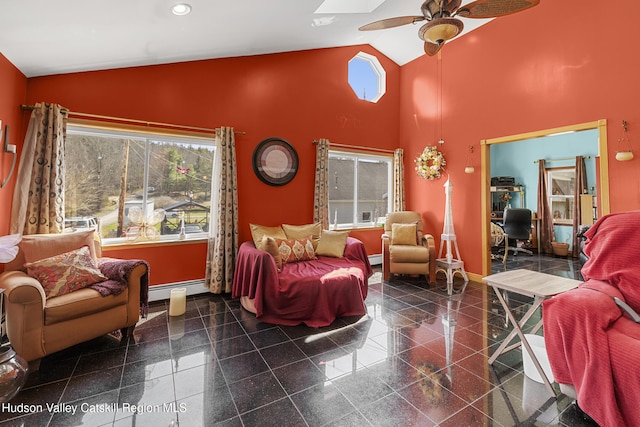 60-62 Stony Rd, Accord, NY 12404 - living area with granite finish floor, a baseboard radiator, ceiling fan, and baseboards