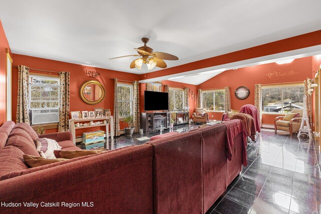60-62 Stony Rd, Accord, NY 12404 - living area featuring cooling unit, granite finish floor, baseboards, a ceiling fan, and lofted ceiling