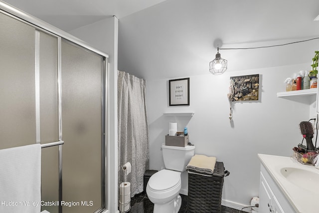 60-62 Stony Rd, Accord, NY 12404 - full bath with vanity, toilet, a stall shower, vaulted ceiling, and baseboards