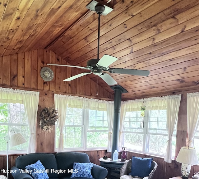 252 Rte 199, Red Hook, NY 12571 - living room featuring wooden ceiling, vaulted ceiling, ceiling fan, wooden walls, and a wood stove