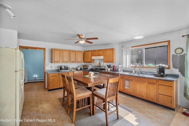 17 Boice Mill Rd, Kerhonkson, NY 12446 - kitchen featuring appliances with stainless steel finishes, a ceiling fan, a baseboard heating unit, and under cabinet range hood