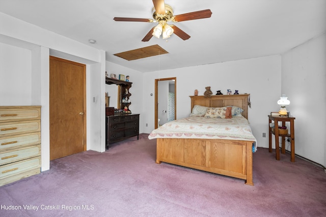 17 Boice Mill Rd, Kerhonkson, NY 12446 - bedroom with light carpet, attic access, and a ceiling fan