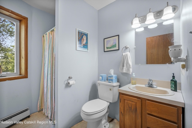 17 Boice Mill Rd, Kerhonkson, NY 12446 - bathroom with a baseboard heating unit, vanity, and a shower with curtain