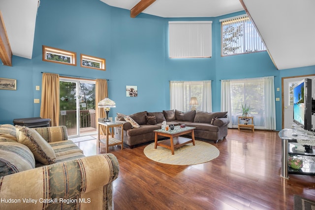 17 Boice Mill Rd, Kerhonkson, NY 12446 - living room featuring a towering ceiling, wood finished floors, and beam ceiling