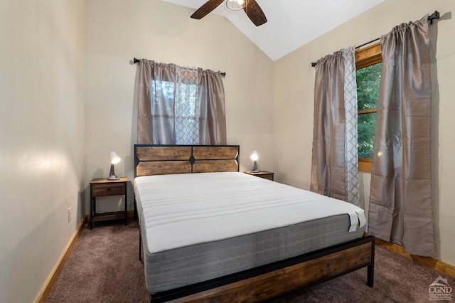106 Earles Ln, Gilboa, NY 12076 - bedroom with vaulted ceiling, carpet, baseboards, and ceiling fan