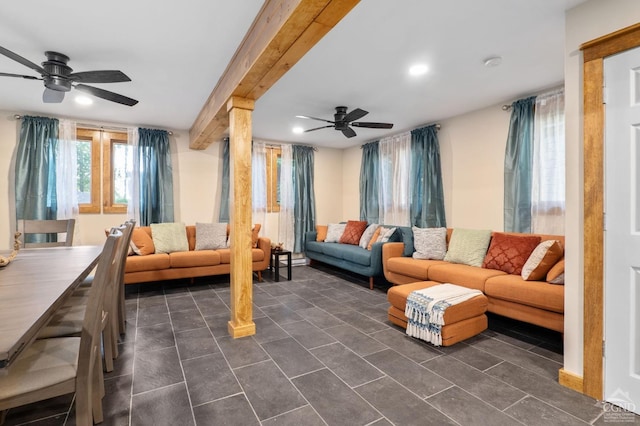 106 Earles Ln, Gilboa, NY 12076 - living room featuring ceiling fan, recessed lighting, and dark tile patterned flooring