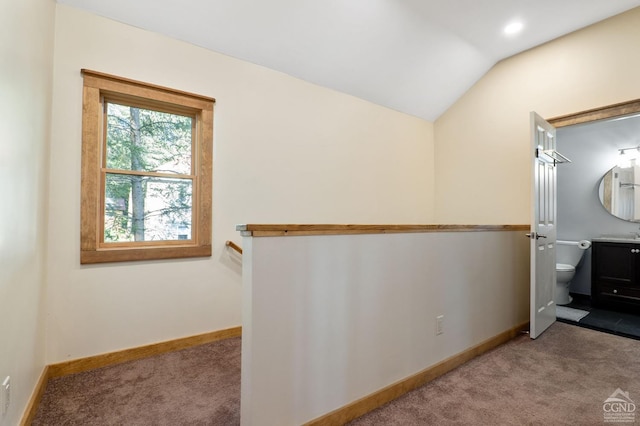 106 Earles Ln, Gilboa, NY 12076 - hall featuring carpet, baseboards, and vaulted ceiling