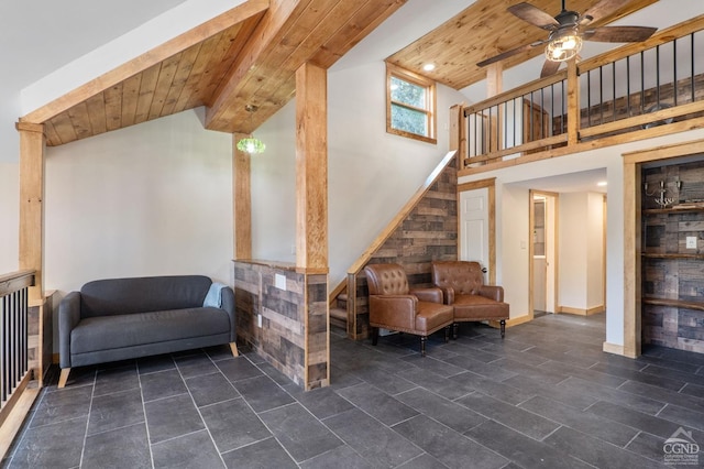 106 Earles Ln, Gilboa, NY 12076 - living area featuring stairway, ceiling fan, high vaulted ceiling, and wooden ceiling