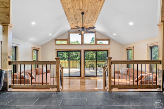 106 Earles Ln, Gilboa, NY 12076 - interior space featuring ceiling fan, healthy amount of natural light, lofted ceiling, and recessed lighting