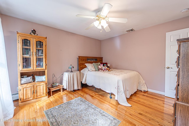 319 Garrison Woods Ln, Wallkill, NY 12589 - bedroom featuring light wood-type flooring, visible vents, a baseboard radiator, and a ceiling fan