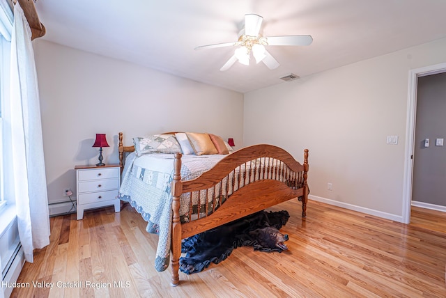 319 Garrison Woods Ln, Wallkill, NY 12589 - bedroom featuring wood finished floors, a ceiling fan, visible vents, baseboards, and a baseboard radiator