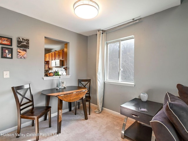 dining space featuring light carpet