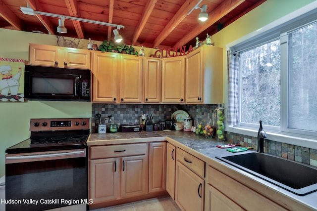 kitchen featuring electric range, plenty of natural light, sink, and tasteful backsplash