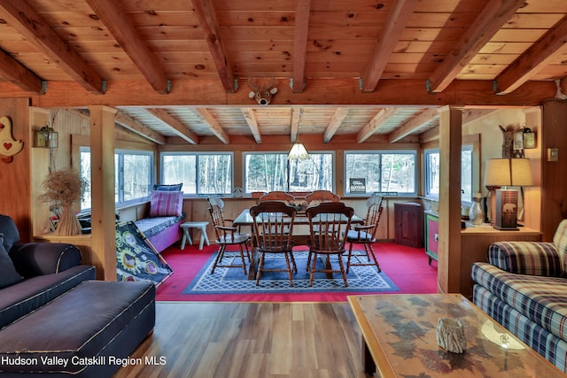 dining space featuring a wealth of natural light, dark hardwood / wood-style flooring, and beamed ceiling