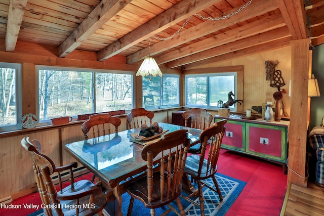 dining space featuring wooden walls, wood ceiling, hardwood / wood-style floors, and a wealth of natural light