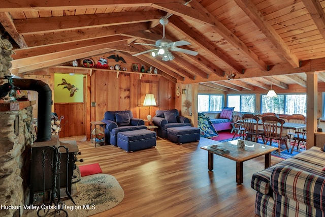 living room featuring wood ceiling, ceiling fan, hardwood / wood-style flooring, a wood stove, and wood walls