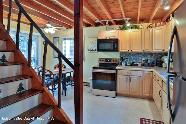 kitchen featuring electric range, tasteful backsplash, ceiling fan, and wooden ceiling