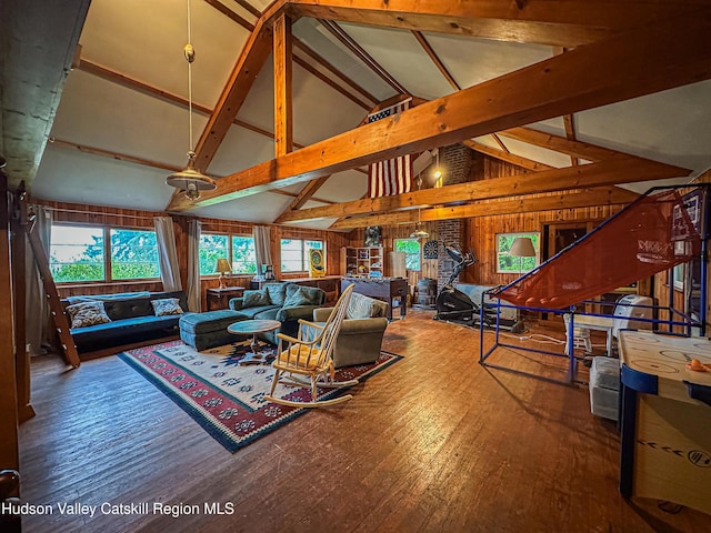 76 Smith Rd, Preston Hollow, NY 12469 - living room with wood-type flooring, high vaulted ceiling, and beamed ceiling